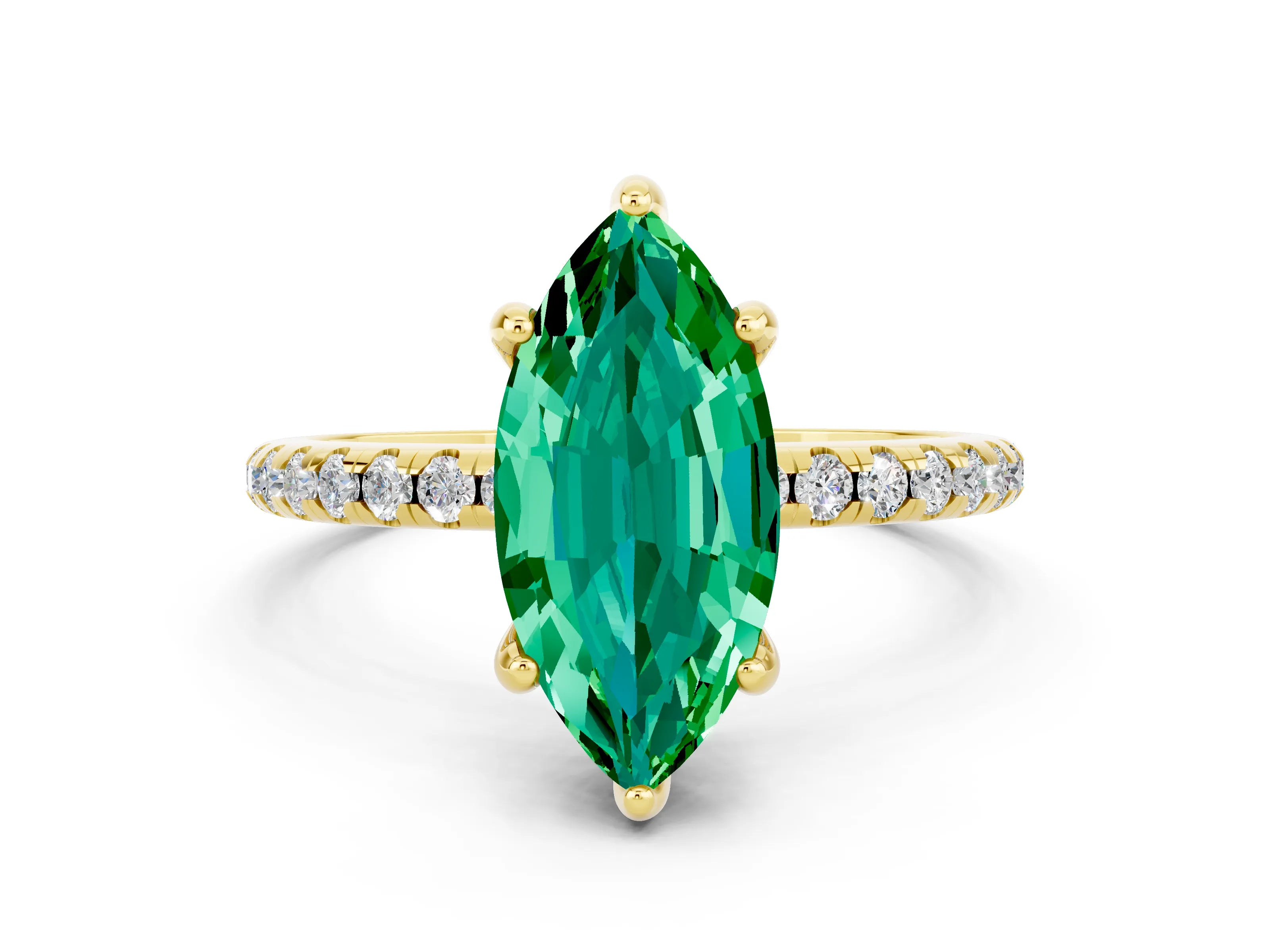 Yellow gold Marquise Cut Diamond Solitaire Ring with Four-Prong Setting and Pavé Band