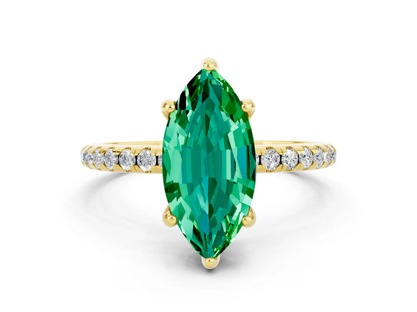 Yellow gold Marquise Cut Emerald Hidden Halo Engagement Ring with Round Pavé Band and Prong Setting