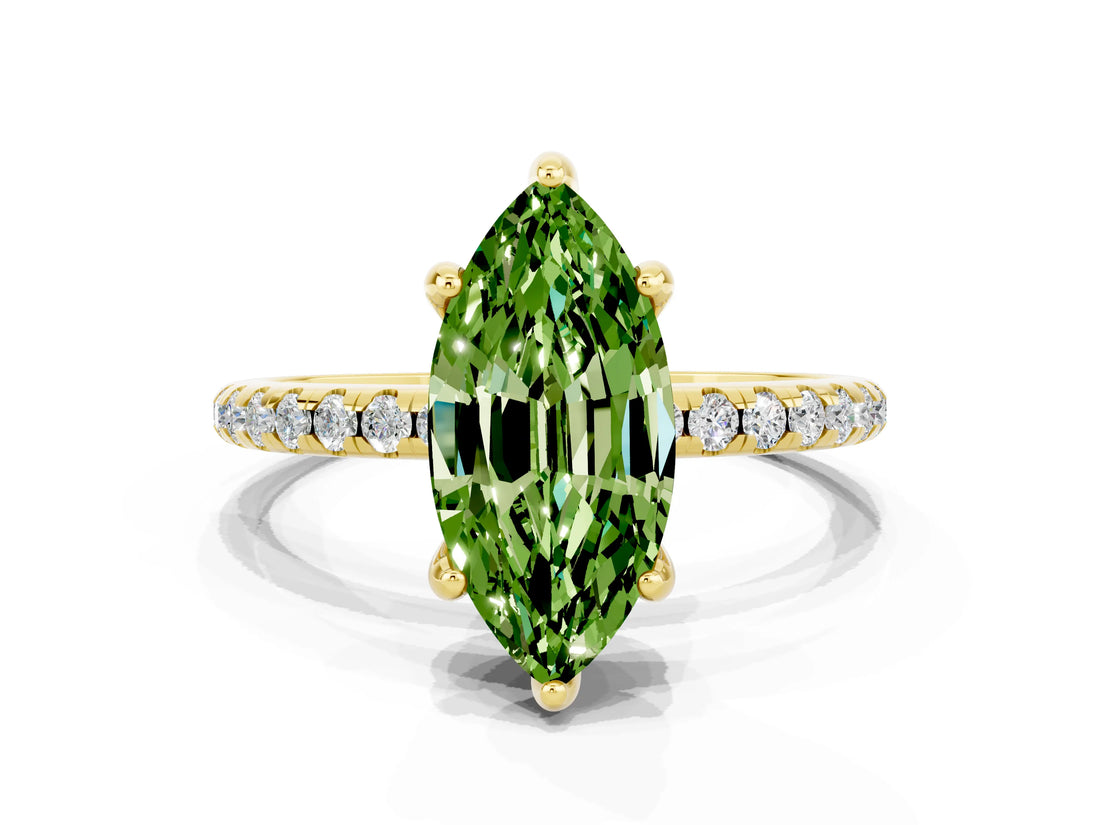 Yellow gold Marquise Cut Diamond Solitaire Ring with Four-Prong Setting and Pavé Band_7