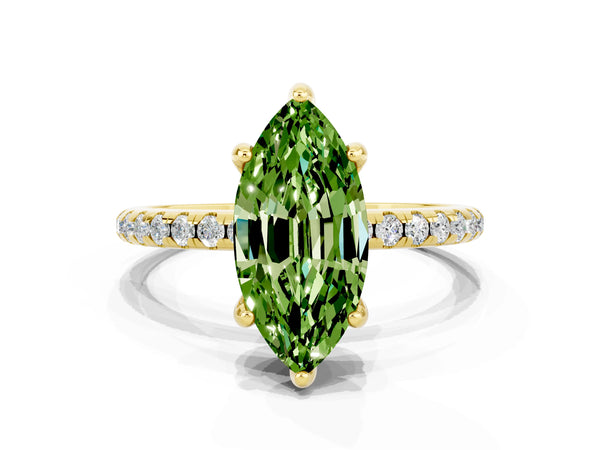 Yellow gold Marquise Cut Diamond Solitaire Ring with Four-Prong Setting and Pavé Band