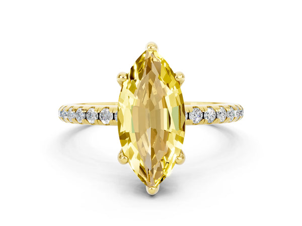 Yellow gold Marquise Cut Yellow Sapphire Hidden Halo Engagement Ring with Round Pavé Band and Prong Setting