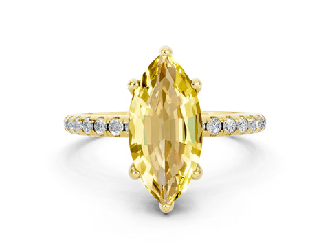 Yellow gold Marquise Cut Diamond Solitaire Ring with Four-Prong Setting and Pavé Band