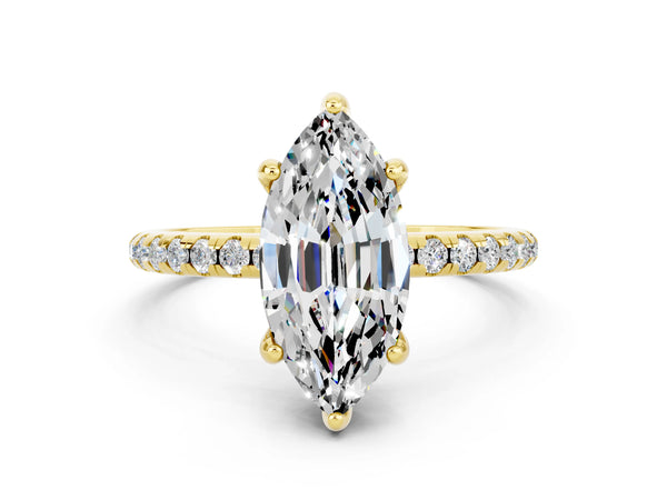 Yellow gold Marquise Cut Moissanite Hidden Halo Engagement Ring with Round Pavé Band and Prong Setting