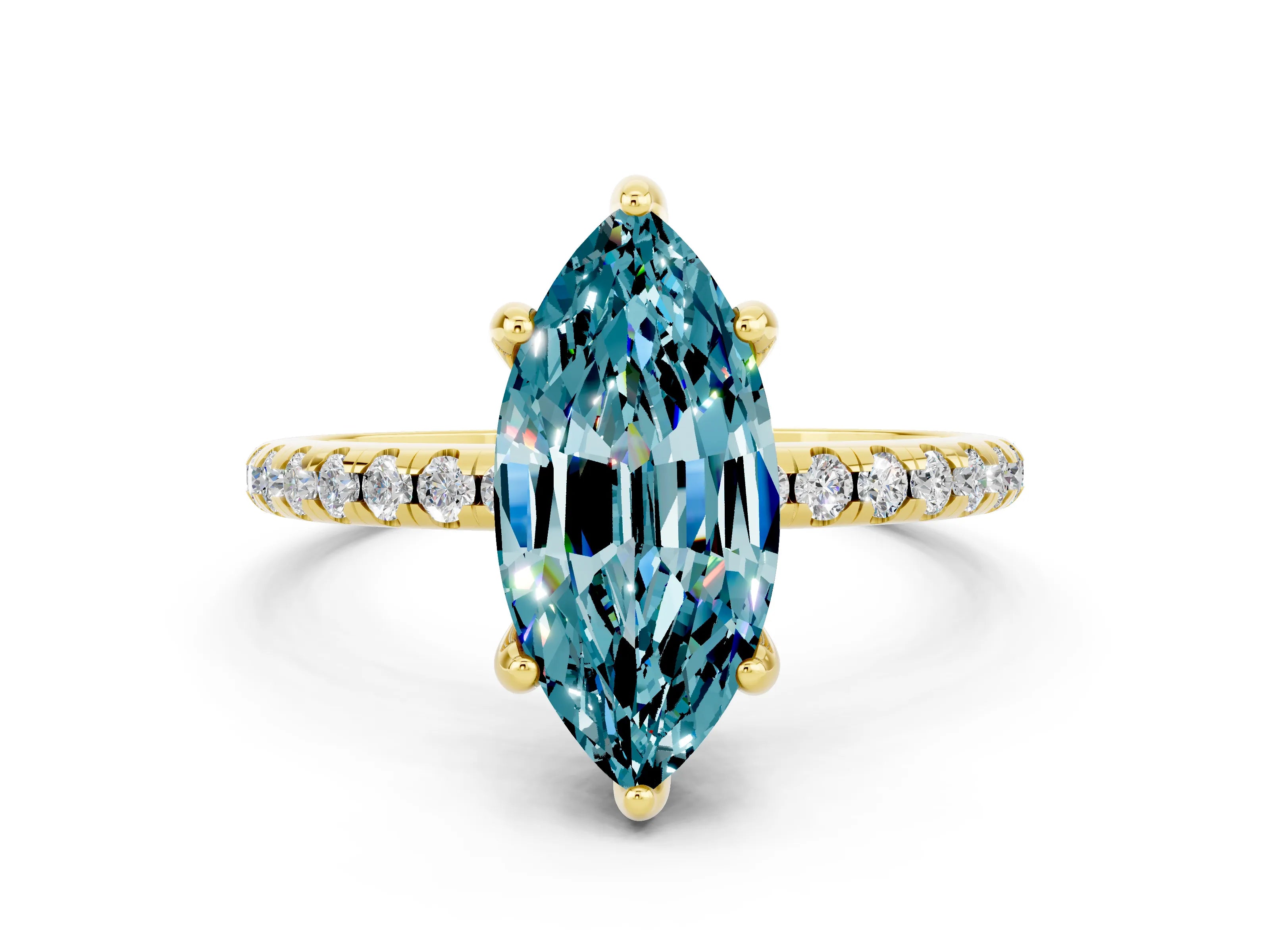 Yellow gold Marquise Cut Diamond Solitaire Ring with Four-Prong Setting and Pavé Band