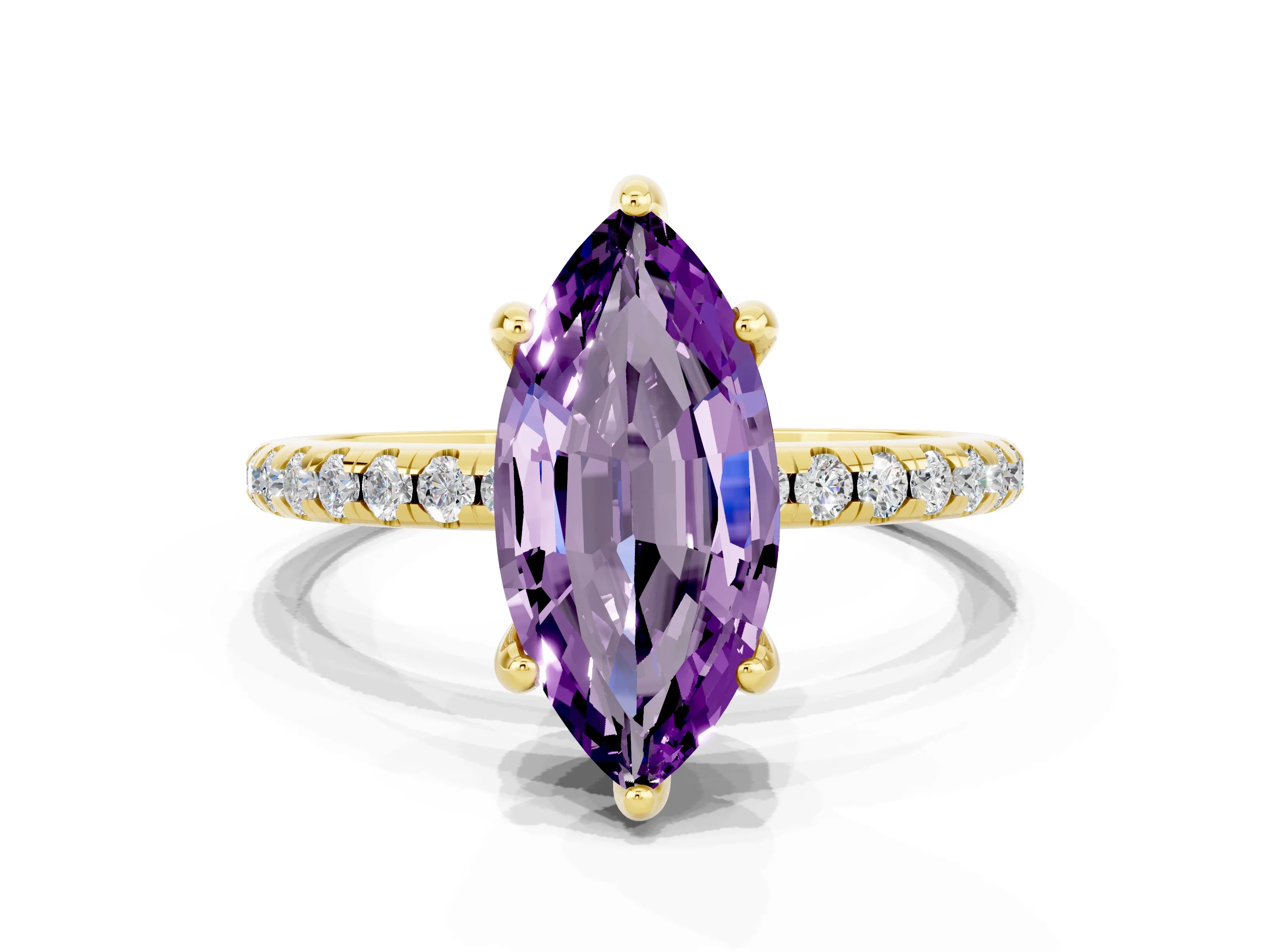 Yellow gold Marquise Cut Diamond Solitaire Ring with Four-Prong Setting and Pavé Band