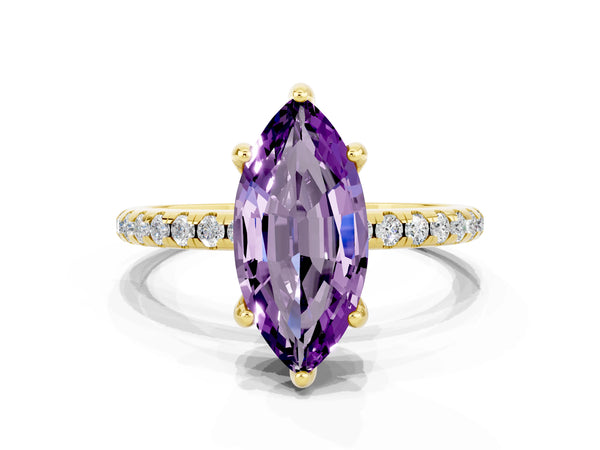 Yellow gold Marquise Cut Amethyst Hidden Halo Engagement Ring with Round Pavé Band and Prong Setting