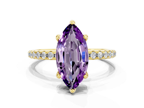 Yellow gold Marquise Cut Diamond Solitaire Ring with Four-Prong Setting and Pavé Band