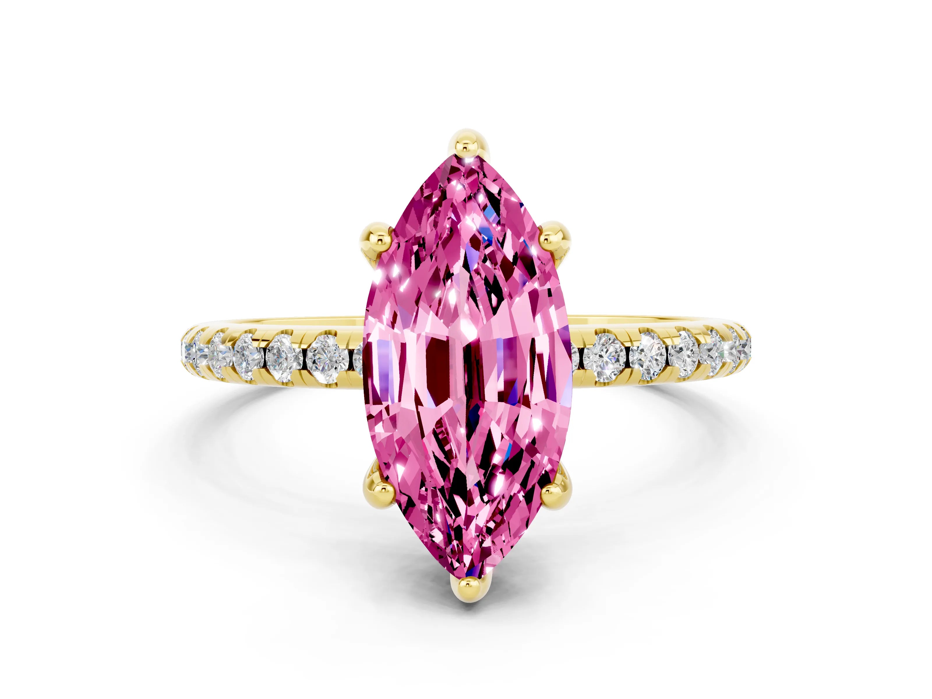 Yellow gold Marquise Cut Diamond Solitaire Ring with Four-Prong Setting and Pavé Band