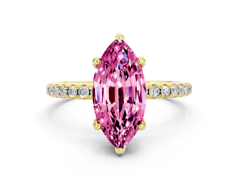 Yellow gold Marquise Cut Diamond Solitaire Ring with Four-Prong Setting and Pavé Band