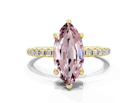 Yellow gold Marquise Cut Diamond Solitaire Ring with Four-Prong Setting and Pavé Band