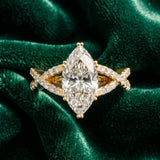 Yellow gold Marquise Cut Diamond Solitaire Ring with Four-Prong Setting and Twisted Pavé Band_46