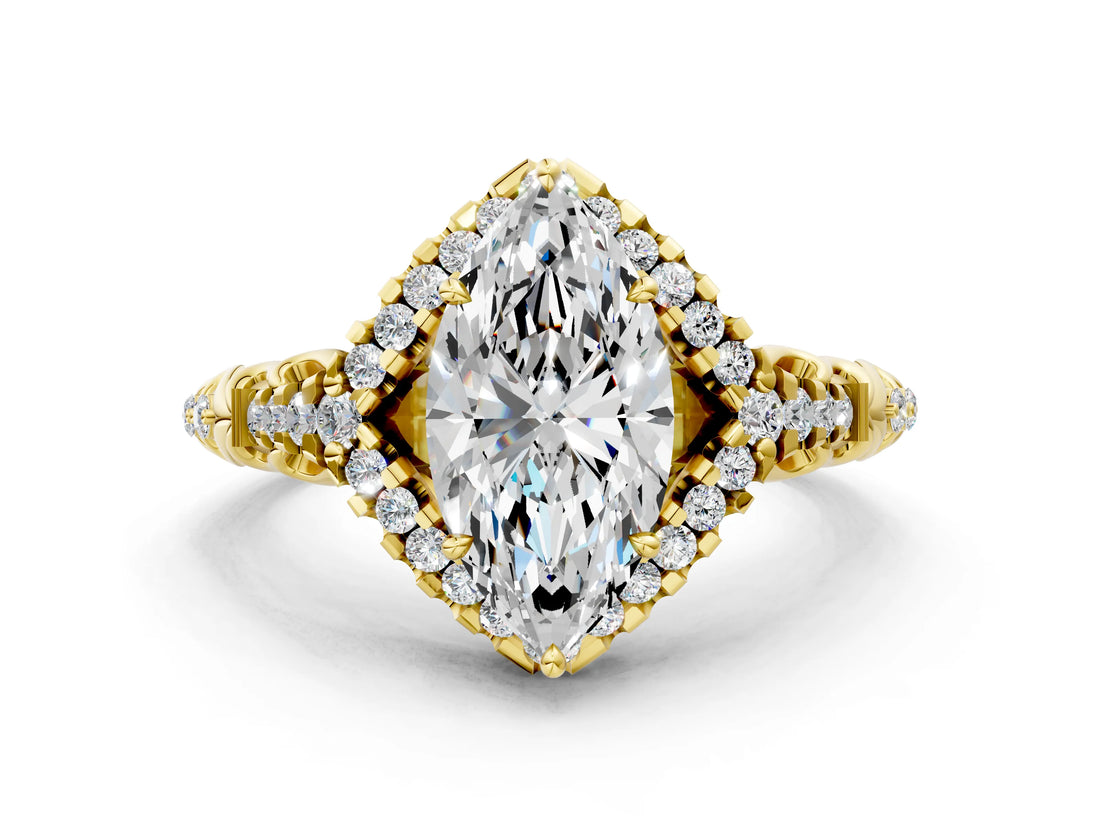 Yellow gold Marquise Cut Diamond Solitaire Ring with Hidden Halo and Pavé Band_27