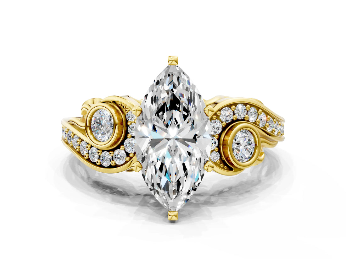 Yellow gold Marquise Cut Diamond Solitaire Ring with Milgrain Pavé Band and Four-Prong Setting_182