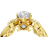 Yellow gold Marquise Cut Diamond Solitaire Ring with Milgrain Pavé Band and Four-Prong Setting_186