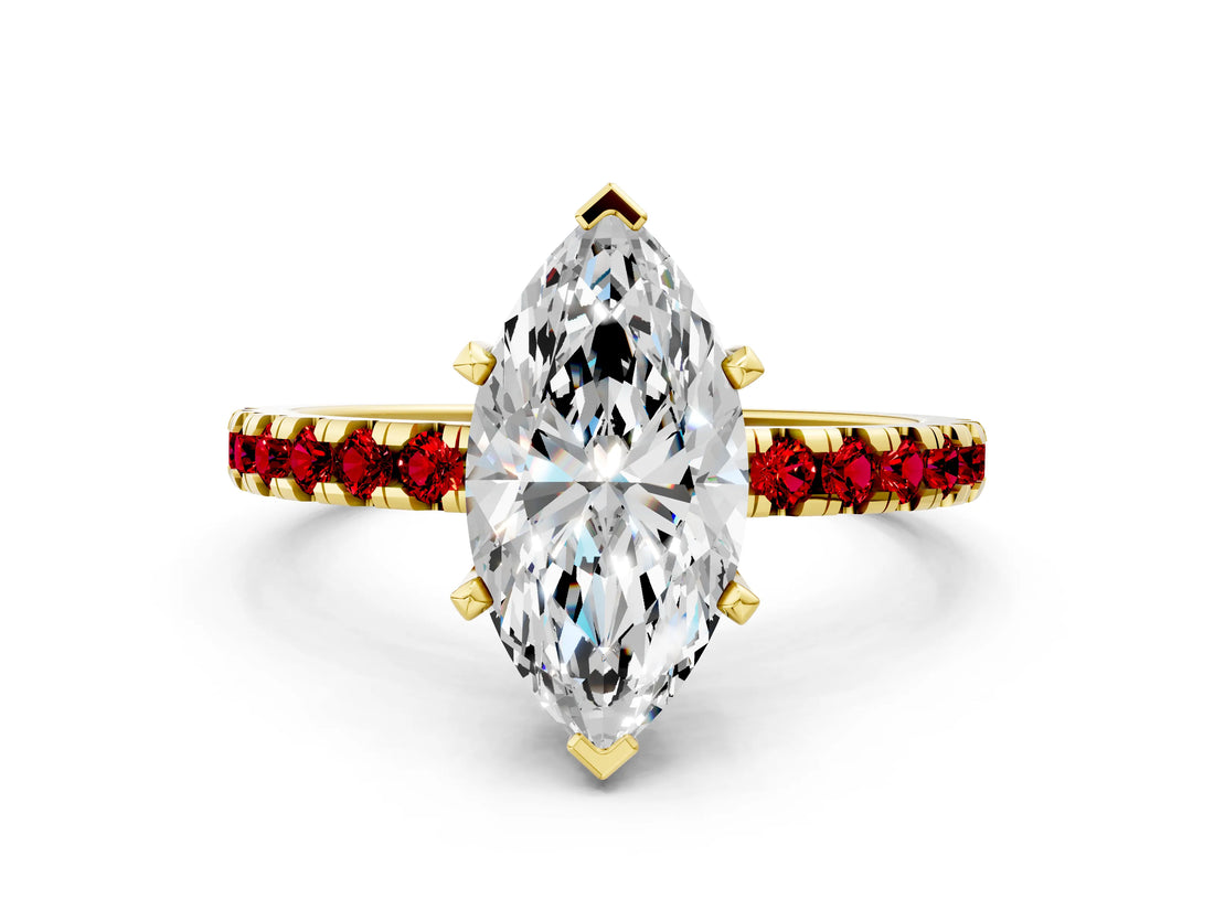 Yellow gold Marquise Cut Diamond Solitaire Ring with Pavé Band and Four-Prong Setting