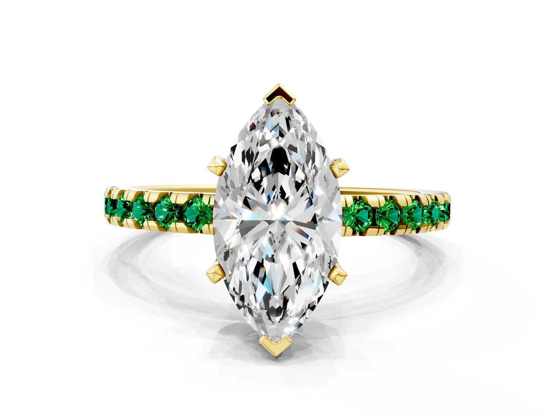 Yellow gold Marquise Cut Diamond Solitaire Ring with Pavé Band and Four-Prong Setting