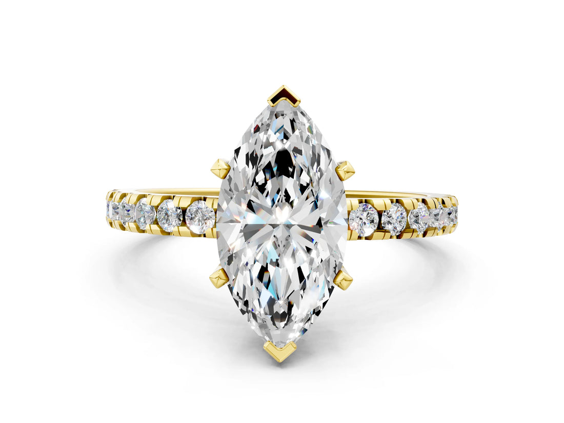 Yellow gold Marquise Cut Diamond Solitaire Ring with Pavé Band and Four-Prong Setting_196