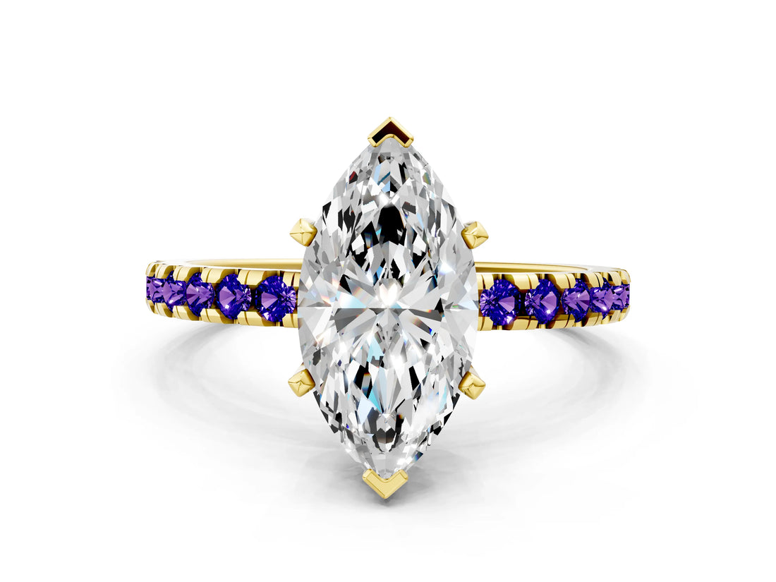 Yellow gold Marquise Cut Diamond Solitaire Ring with Pavé Band and Four-Prong Setting