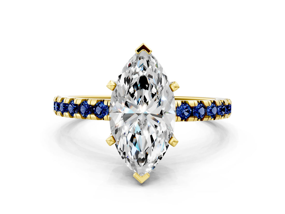 Yellow gold Marquise Cut Diamond Solitaire Ring with Pavé Band and Four-Prong Setting