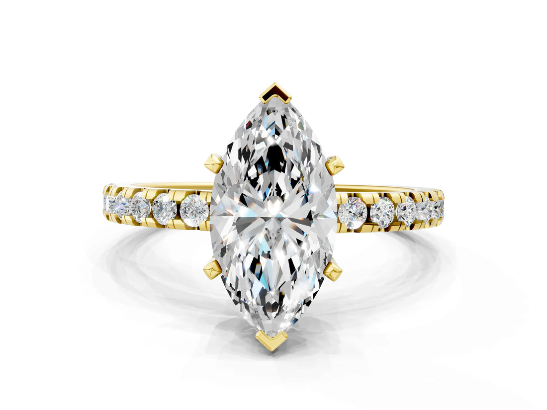 Yellow gold Marquise Cut Diamond Solitaire Ring with Pavé Band and Four-Prong Setting