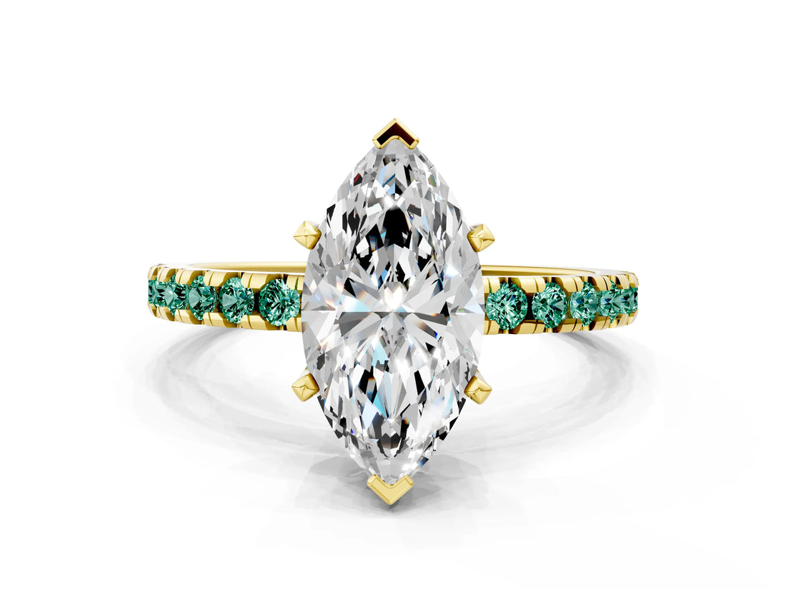 Yellow gold Marquise Cut Diamond Solitaire Ring with Pavé Band and Four-Prong Setting
