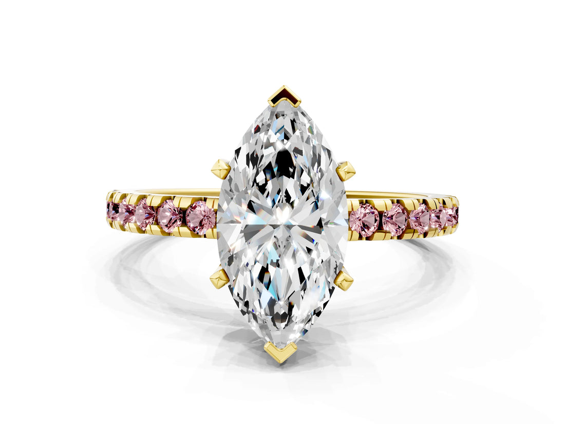 Yellow gold Marquise Cut Diamond Solitaire Ring with Pavé Band and Four-Prong Setting