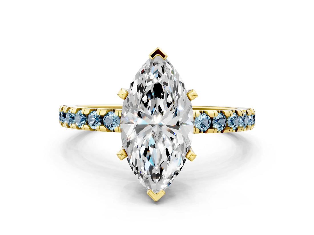 Yellow gold Marquise Cut Diamond Solitaire Ring with Pavé Band and Four-Prong Setting