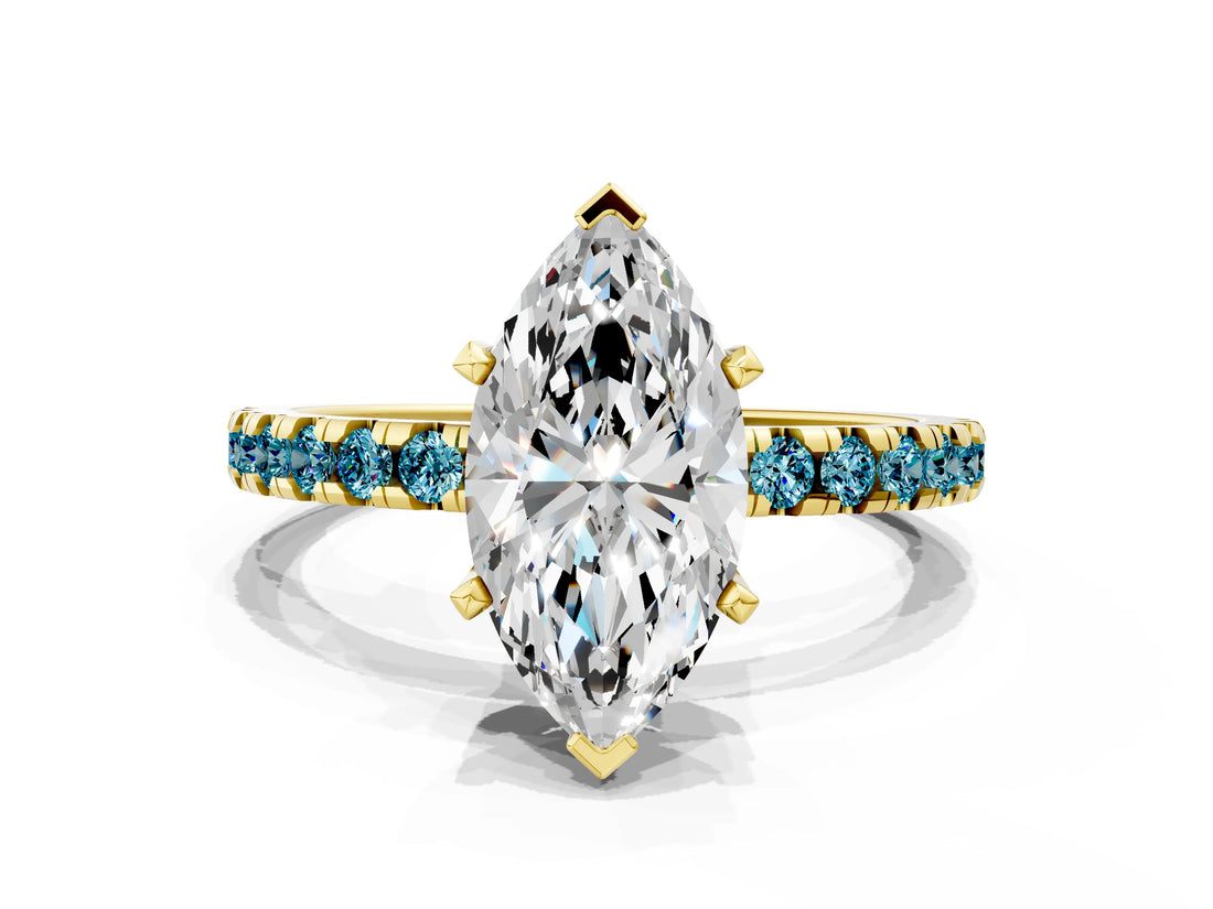 Yellow gold Marquise Cut Diamond Solitaire Ring with Pavé Band and Four-Prong Setting
