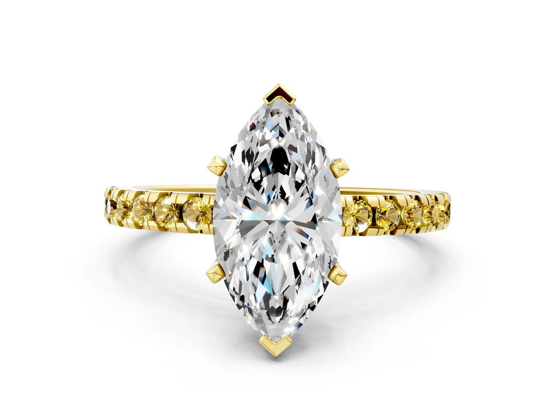 Yellow gold Marquise Cut Diamond Solitaire Ring with Pavé Band and Four-Prong Setting