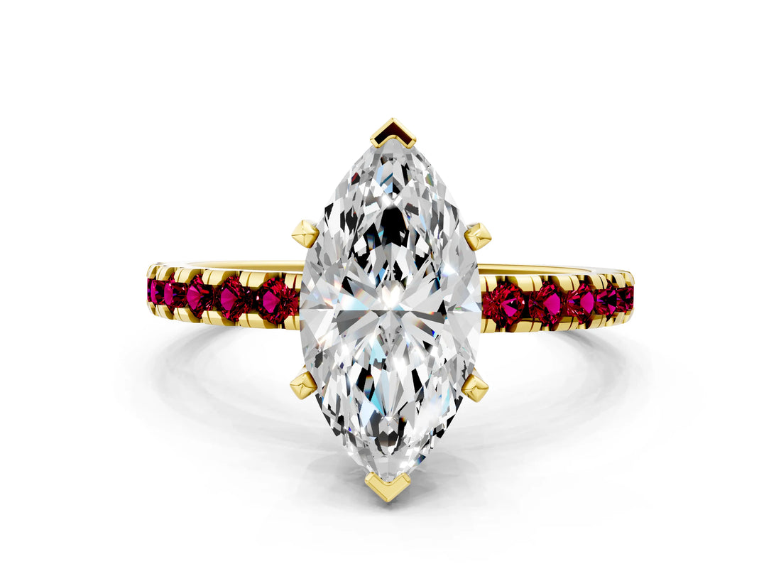 Yellow gold Marquise Cut Diamond Solitaire Ring with Pavé Band and Four-Prong Setting
