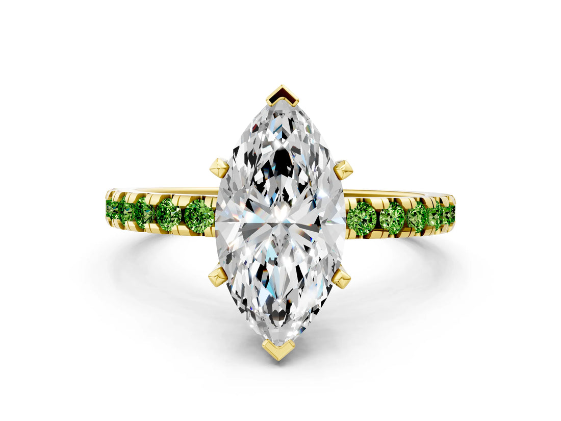 Yellow gold Marquise Cut Diamond Solitaire Ring with Pavé Band and Four-Prong Setting