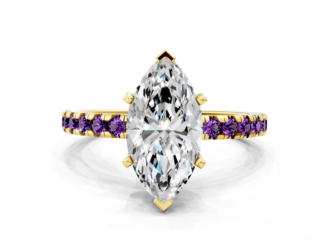 Yellow gold Marquise Cut Diamond Solitaire Ring with Pavé Band and Four-Prong Setting