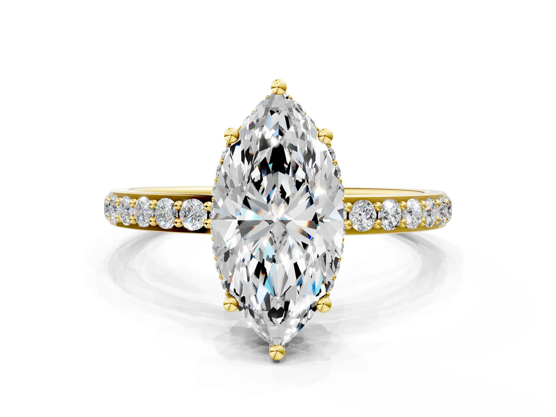 Yellow gold Marquise Cut Diamond Solitaire Ring with Pavé Band and Hidden Halo_26