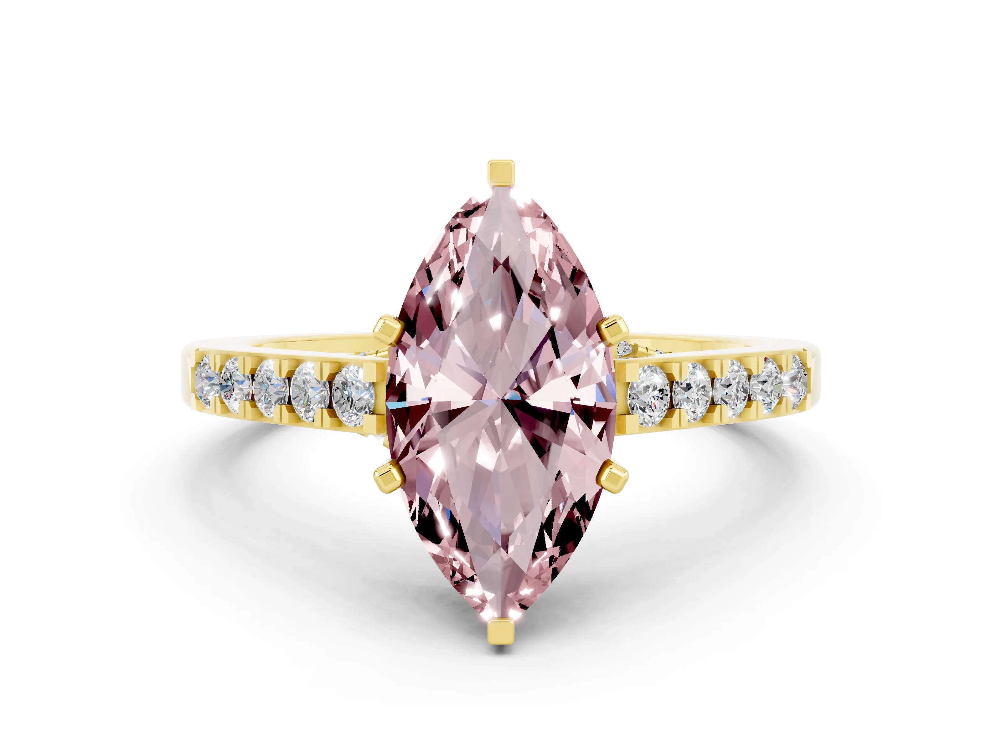 Yellow gold Marquise Cut Diamond Solitaire Ring with Pavé Band and Prong Setting