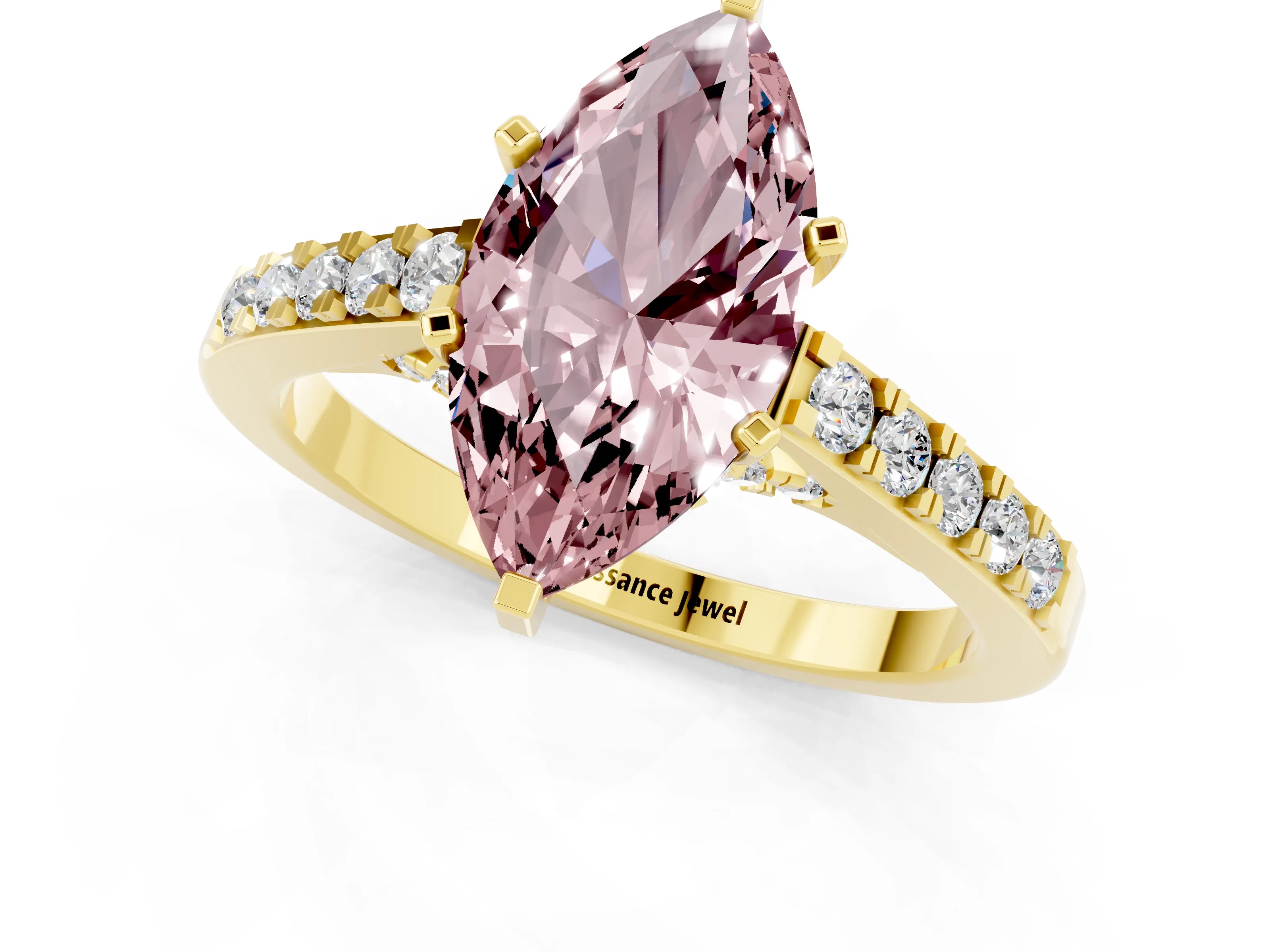 Yellow gold Marquise Cut Diamond Solitaire Ring with Pavé Band and Prong Setting_1