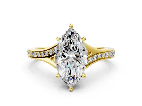 Yellow gold Marquise Cut Diamond Solitaire Ring with Pavé Band and Prong Setting