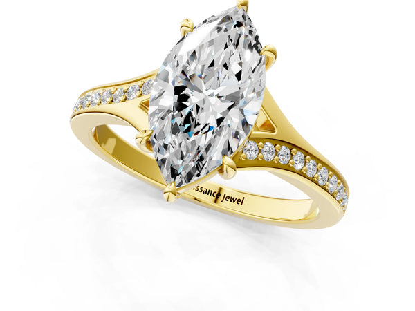 Yellow gold Marquise Cut Diamond Solitaire Ring with Pavé Band and Prong Setting