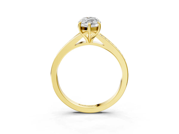 Yellow gold Marquise Cut Diamond Solitaire Ring with Pavé Band and Prong Setting