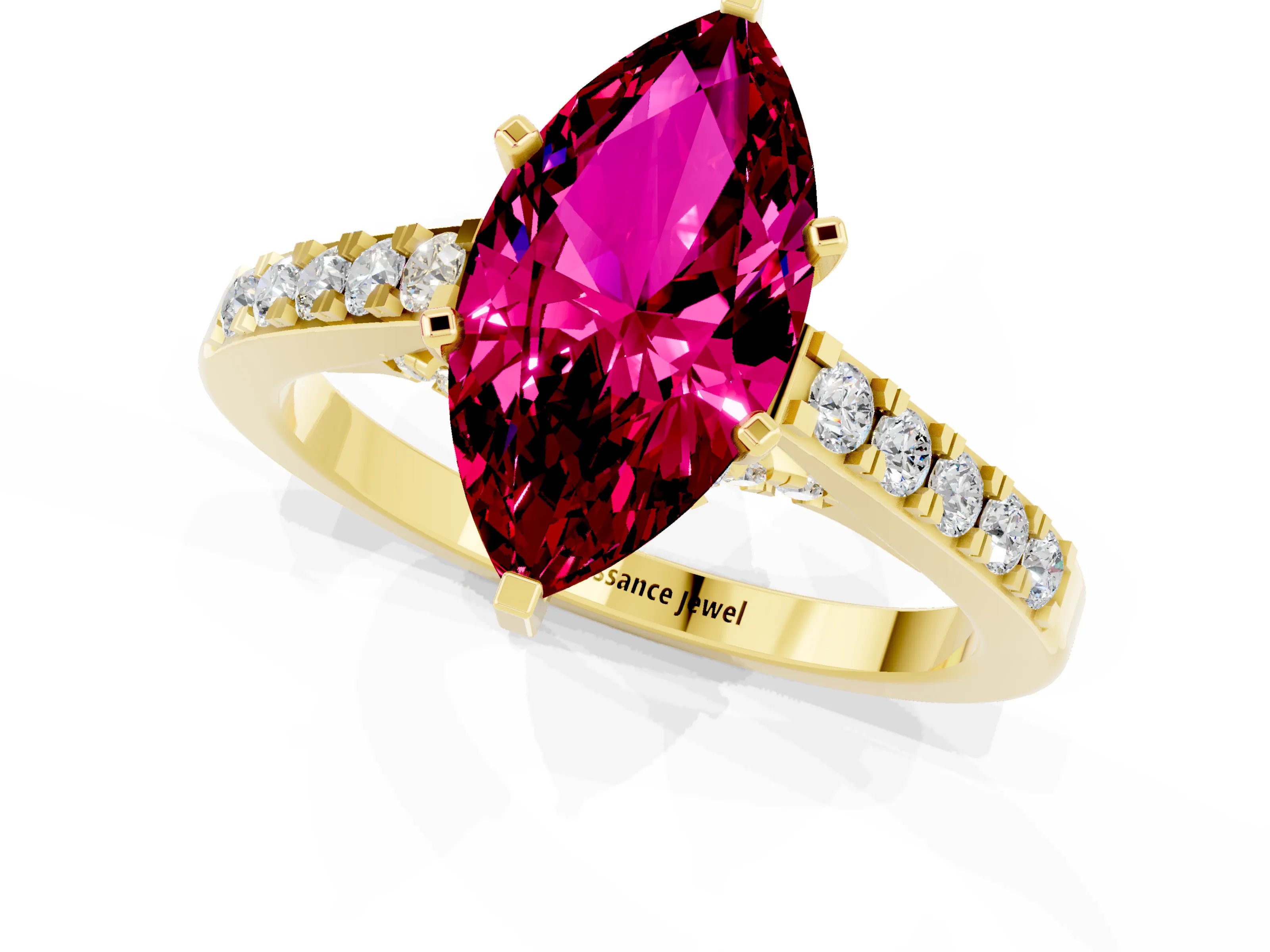 Yellow gold Marquise Cut Diamond Solitaire Ring with Pavé Band and Prong Setting_1