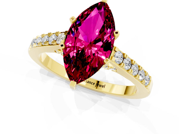 Yellow gold Marquise Cut Garnet Solitaire Ring with Crossover Gallery and Round  Pavé Band