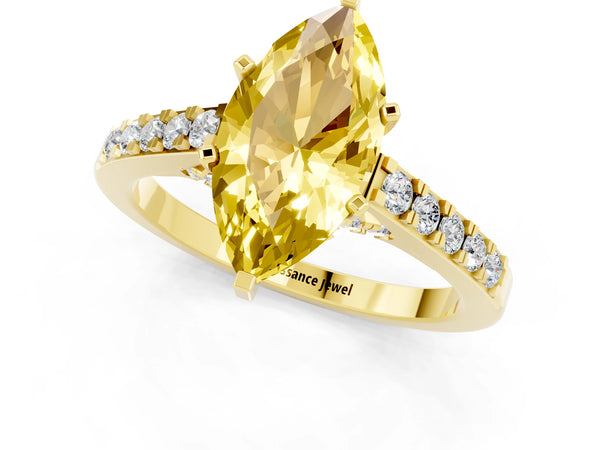Yellow gold Marquise Cut Yellow Sapphire Solitaire Ring with Crossover Gallery and Round  Pavé Band