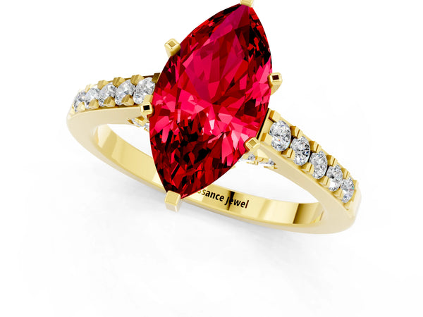 Yellow gold Marquise Cut Ruby Solitaire Ring with Crossover Gallery and Round  Pavé Band