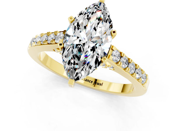 Yellow gold Marquise Cut Moissanite Solitaire Ring with Crossover Gallery and Round  Pavé Band