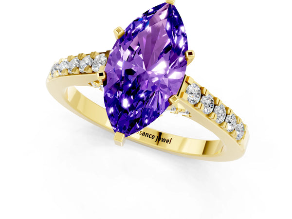 Yellow gold Marquise Cut Tanzanite Solitaire Ring with Crossover Gallery and Round  Pavé Band