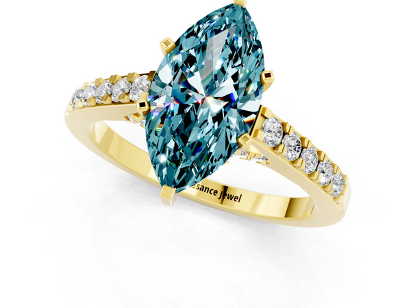 Yellow gold Marquise Cut Blue Topaz Solitaire Ring with Crossover Gallery and Round  Pavé Band