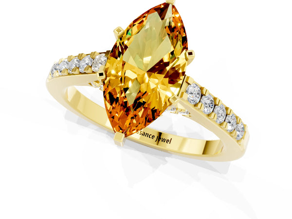Yellow gold Marquise Cut Citrine Solitaire Ring with Crossover Gallery and Round  Pavé Band