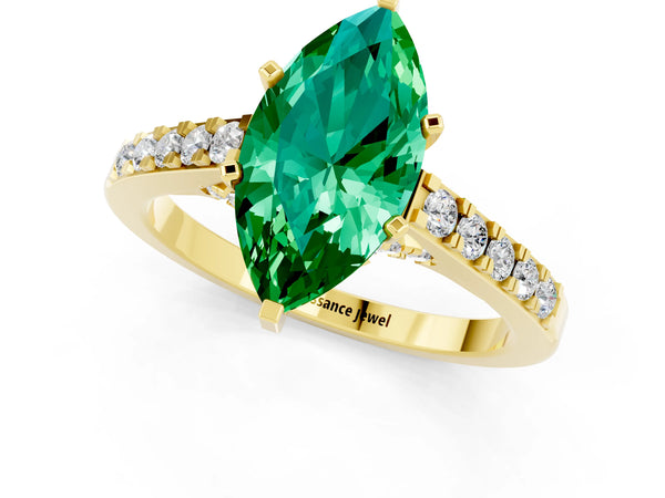 Yellow gold Marquise Cut Emerald Solitaire Ring with Crossover Gallery and Round  Pavé Band