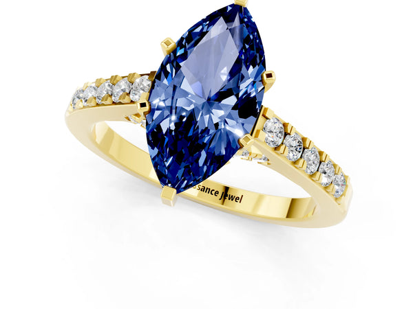 Yellow gold Marquise Cut Blue Sapphire Solitaire Ring with Crossover Gallery and Round  Pavé Band