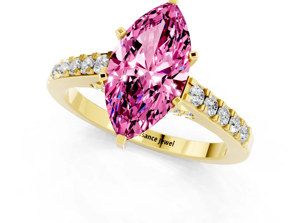 Yellow gold Marquise Cut Pink Sapphire Solitaire Ring with Crossover Gallery and Round  Pavé Band