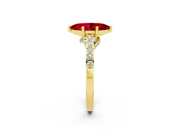 Yellow gold Marquise Cut Ruby Solitaire Ring with Crossover Gallery and Round  Pavé Band